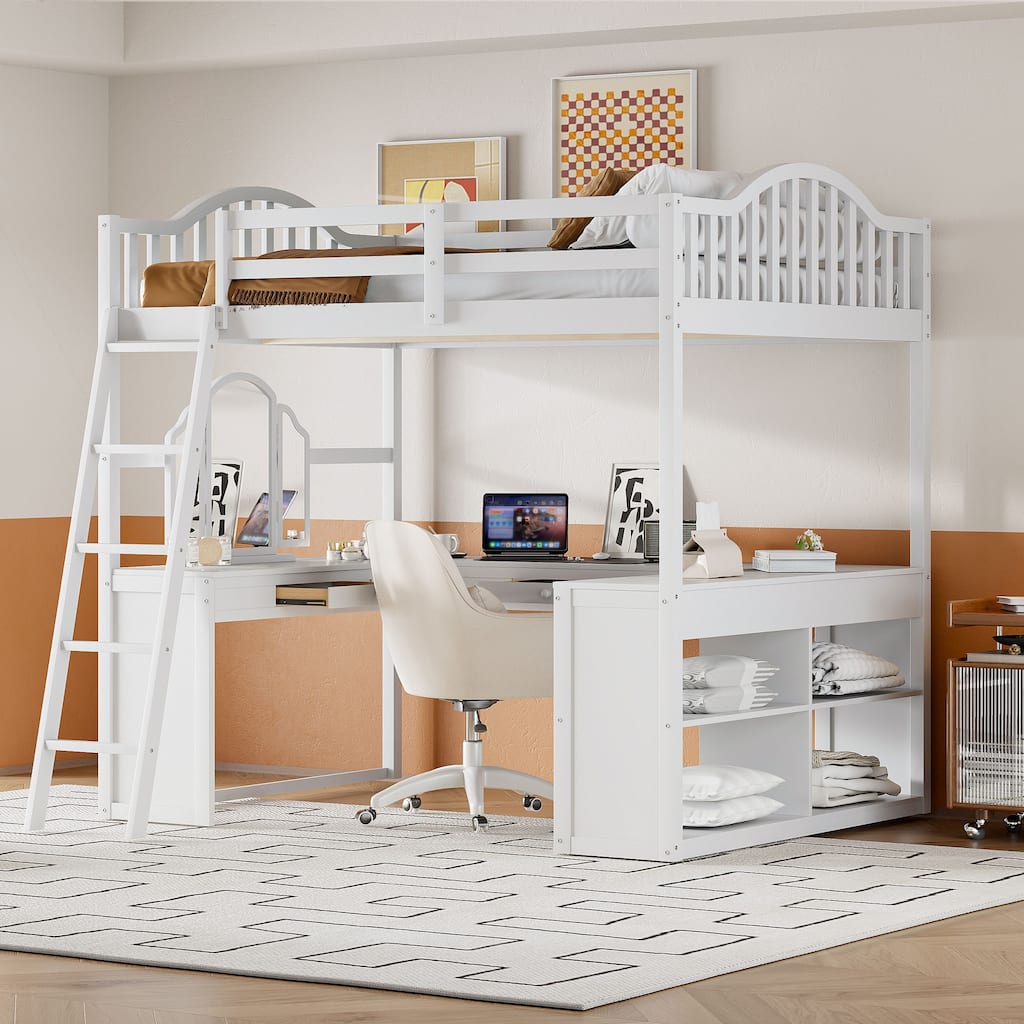 Full Wooden Loft Bed with U-shaped Desk,Storage Compartments and Tri-fold Mirror, White
