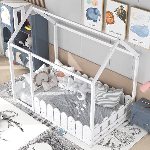 slide 2 of 62, Kids Wood House Bed Frame w/ Roof & Fence,Slats are not Included