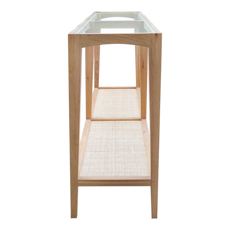 Aurelle Home Modern Glass Top Console Table w/ Rattan Shelf