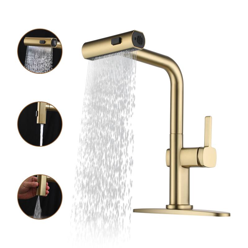 Single Handle Pull Out Sprayer Kitchen Faucet with 3 Functions Spray, 360° swivel