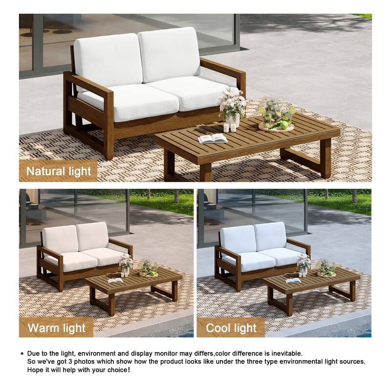 Outdoor Patio Loveseat Table Set Teak Wood with Cushion