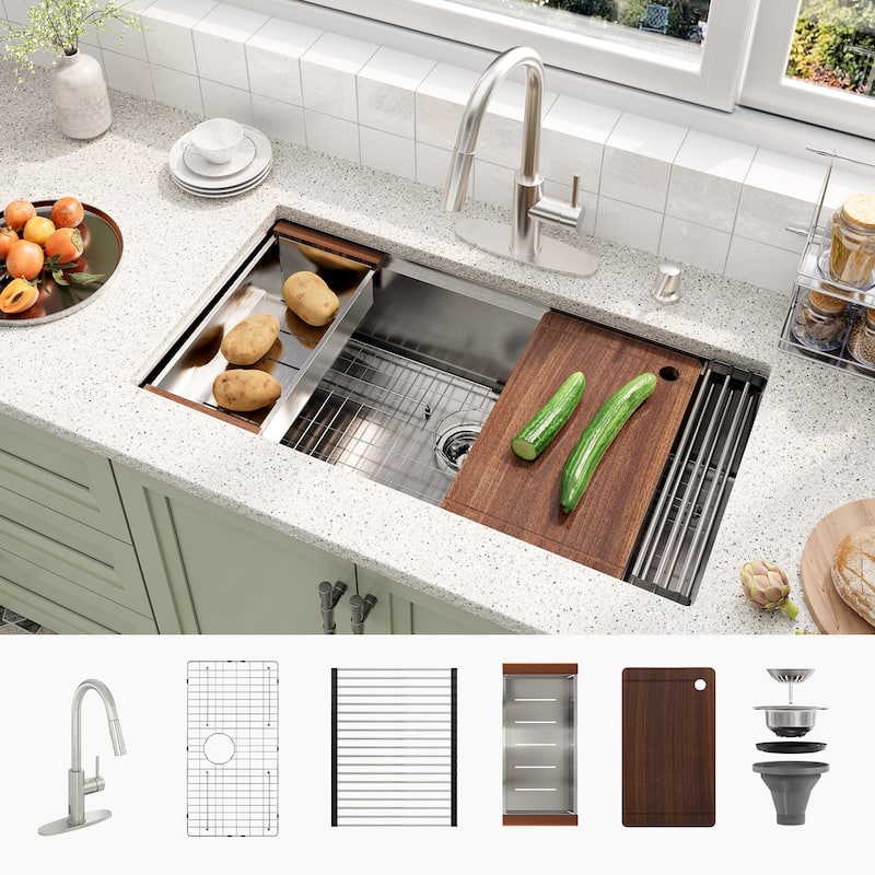 Nano Brushed Stainless Steel Undermount Workstation Kitchen Sink with Touchless Pull-Down Kitchen Faucet and Accessories