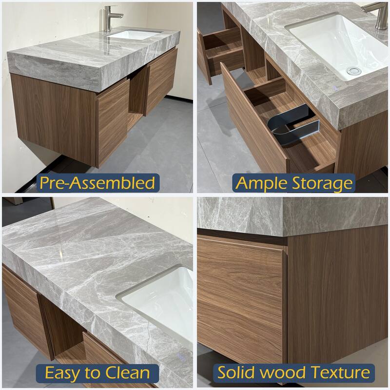 48" Mid Century Single Bathroom faux marble Vanity with Top, Solid Wood, Floating Vanities for Bathroom, Not Assembled Need