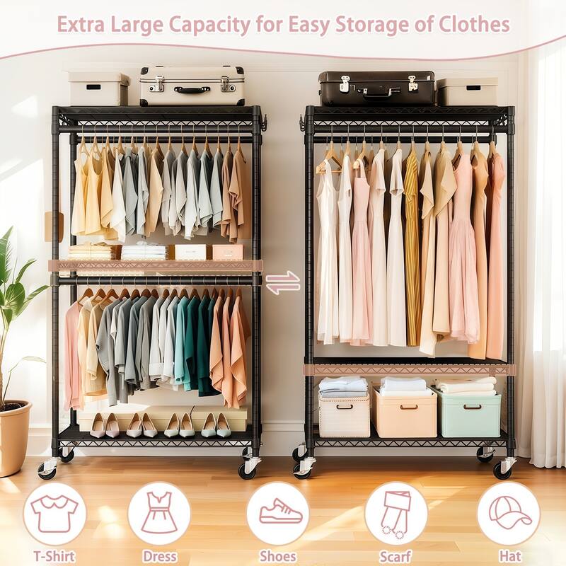Modern Heavy Duty Coat Rack Rolling Clothes Rack with 3-Layer Dividers 2 Clothes Rods and Side Hooks, for Bedroom