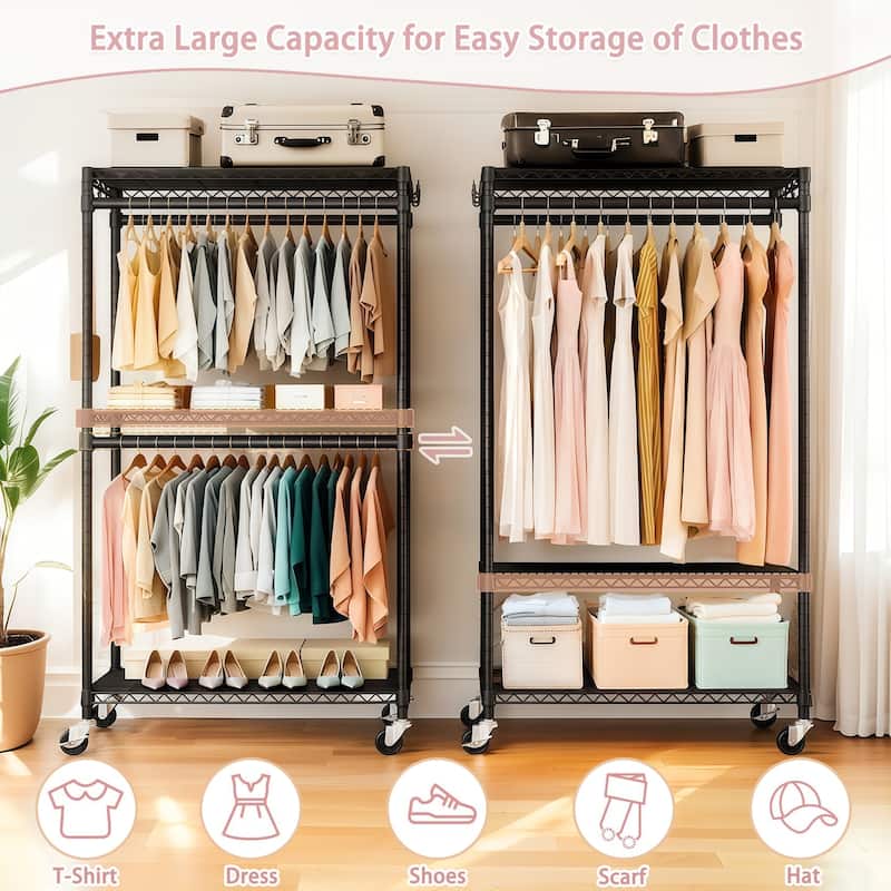 Rolling Heavy Duty Clothes Rack with Wheels,3 Tiers Adjustable Wire Shelving Clothes Rack with 2 Clothes Rails and Side Hooks