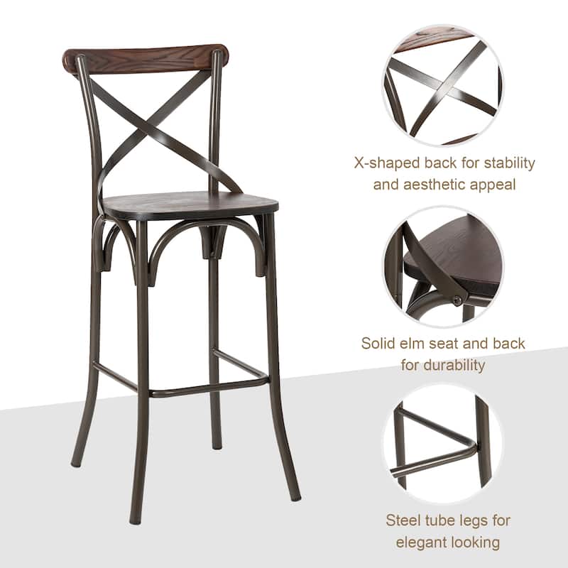 Glitzhome Industrial Metal Solid Elm Wood Seat Kitchen Bar Stool Chairs, Set of 2/4