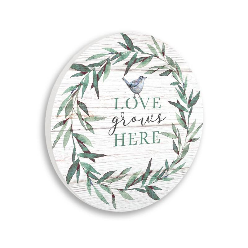 Stupell Love Grows Here Sentiment Green Fern Wreath Blue Warbler, 12 x 12, Design By Elizabeth Tyndall - Off-White - 12 x 12