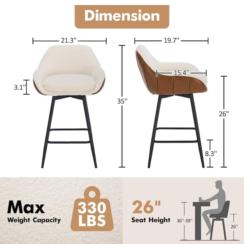 26" Counter Height Bar Stools Set of 2, 360° Swivel Upholstered Barstools for Kitchen Island