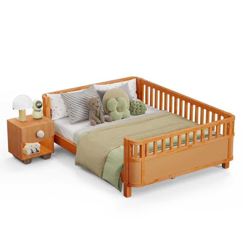 Full Size Wood Platform Bed with Rails for Kids
