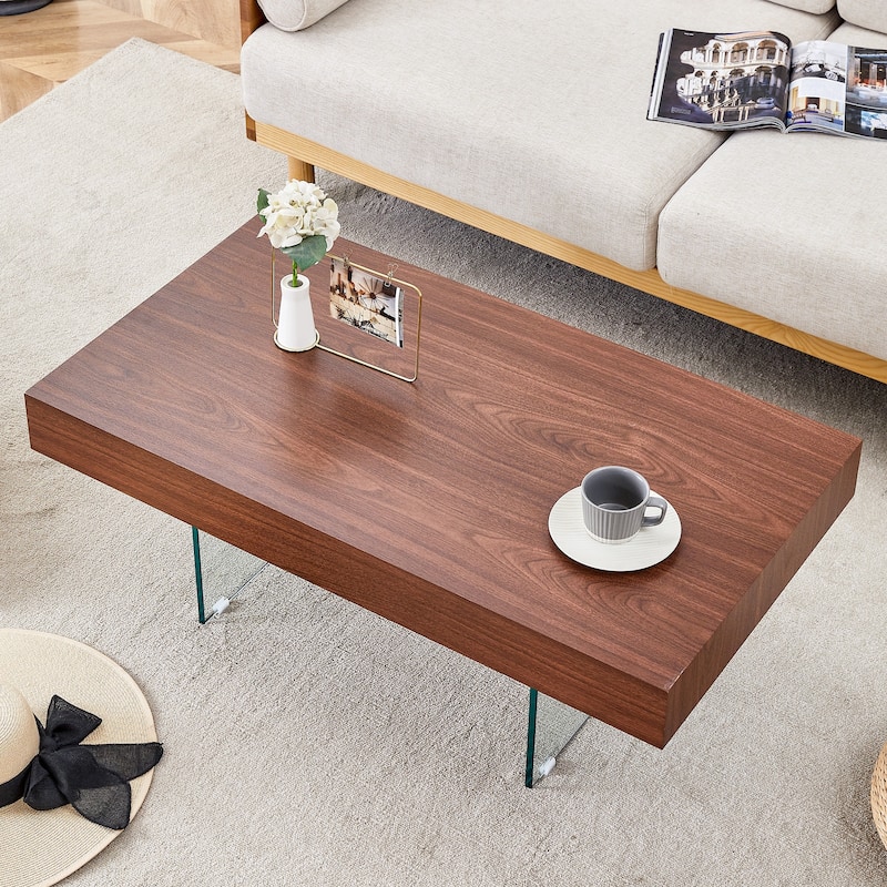 Roomfitters Square MDF Coffee Table with Tempered Glass Legs, 31.5"x31.5" Natural Style Center Table - Walnut-Rectangular