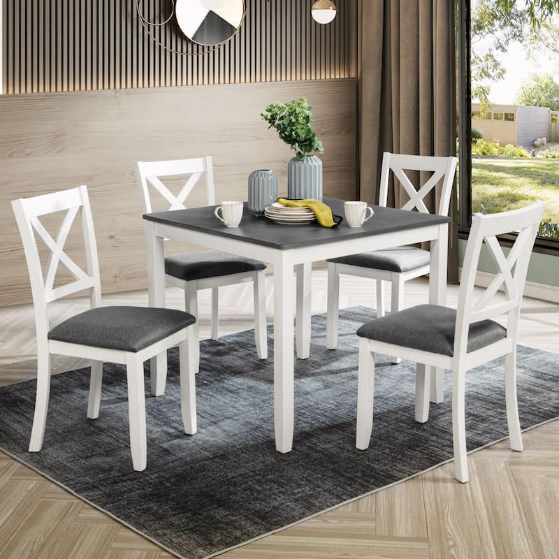 GDFStudio - Savoy Farmhouse Linen Upholstered Ergonomical Wooden Dining Chairs Set, Padded Seat & Non-slip Feet Pads, Set of 4 - X-shaped - White+Gray