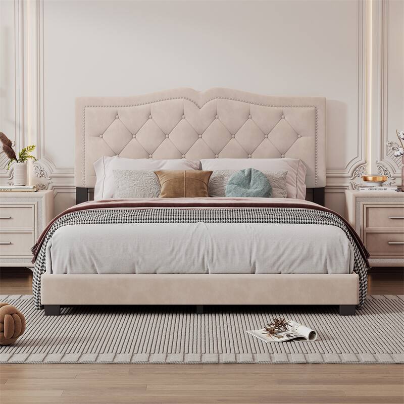 Queen Size Upholstered Bed Frame with Rivet Design,Tufted Headboard - Beige