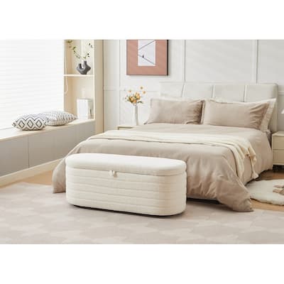 45" White Teddy Storage Ottoman Bench for Living Room Bedroom,Oval Sherpa Storage Bench Ottoman Foot Rest Anti-slip Legs
