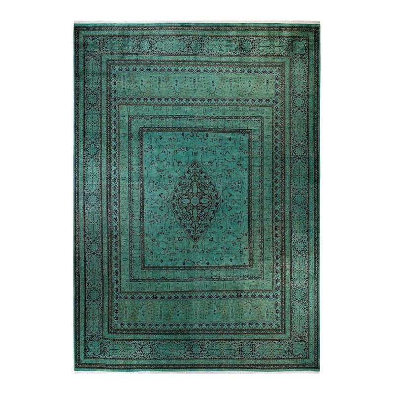 Overton Hand Knotted Wool Vintage Inspired Modern Contemporary Overdyed Green Area Rug - 10' 1" x 14' 2"