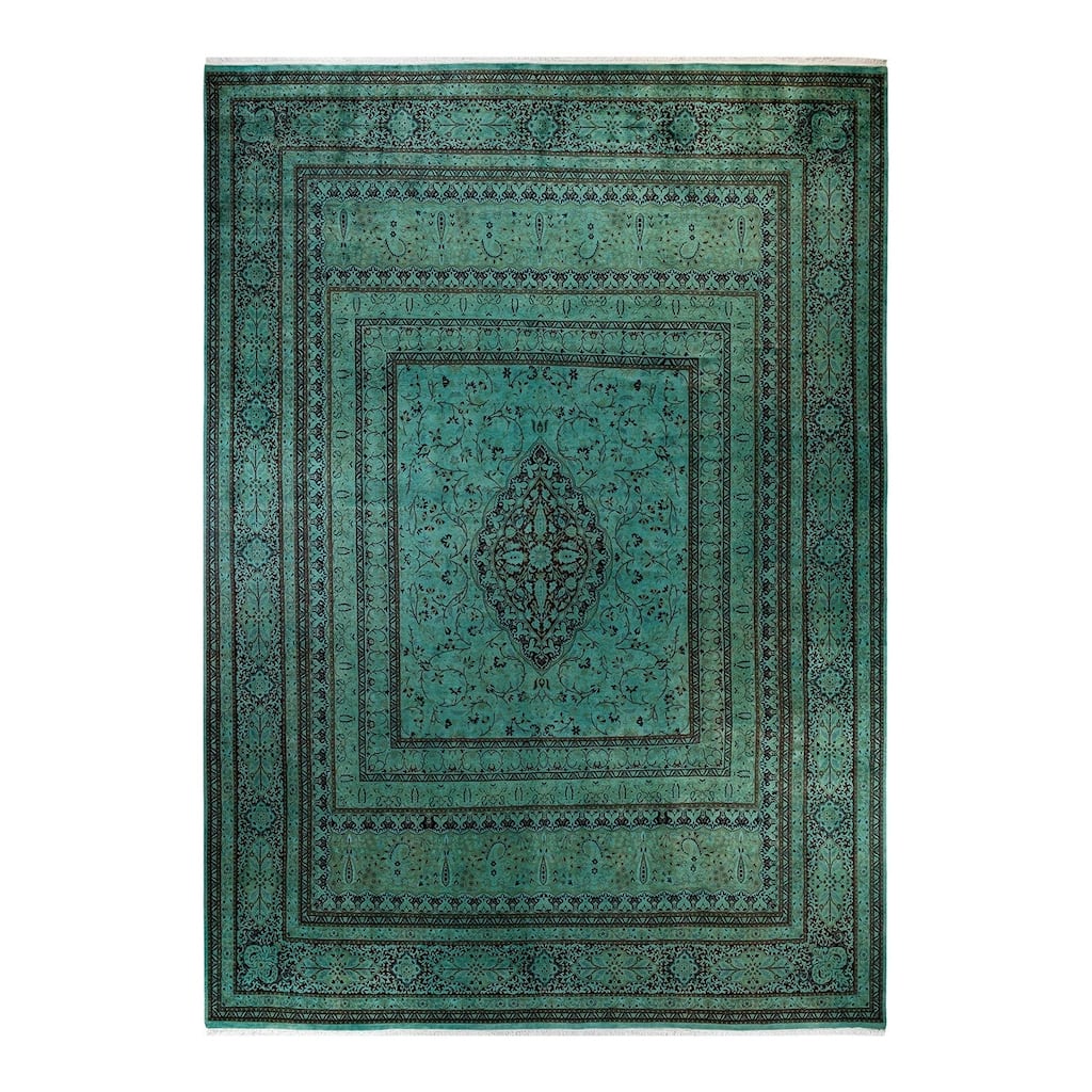 Overton Hand Knotted Wool Vintage Inspired Modern Contemporary Overdyed Green Area Rug - 10' 1" x 14' 2"