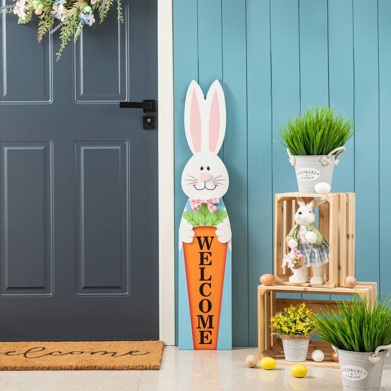 Glitzhome 42"H Easter Wooden Metal Carrot Bunny Porch Sign Spring Gifts
