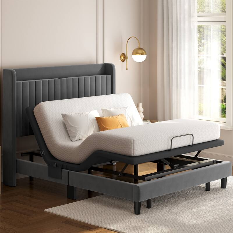 Yaheetech Upholstered Adjustable Twin XL/Queen/ Split King Size Bed Frame with Independent Head & Foot Incline - Black - Queen