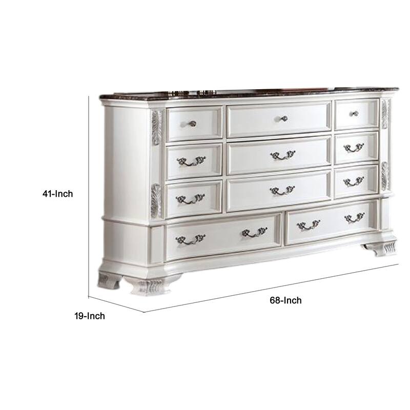 Prio Wide Dresser, 11 Drawers, Marble Top, Carved Pearl White Wood