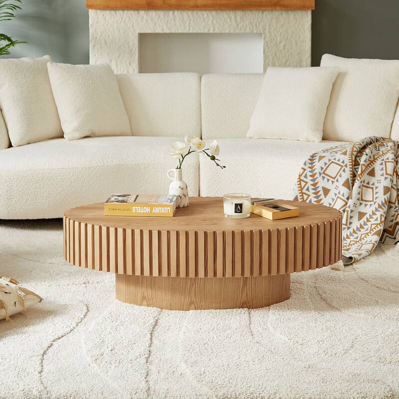 Handcraft Coffee Table Dining Table with Wood Relief, Oval End Table Accent Table with Sturdy Pedestal