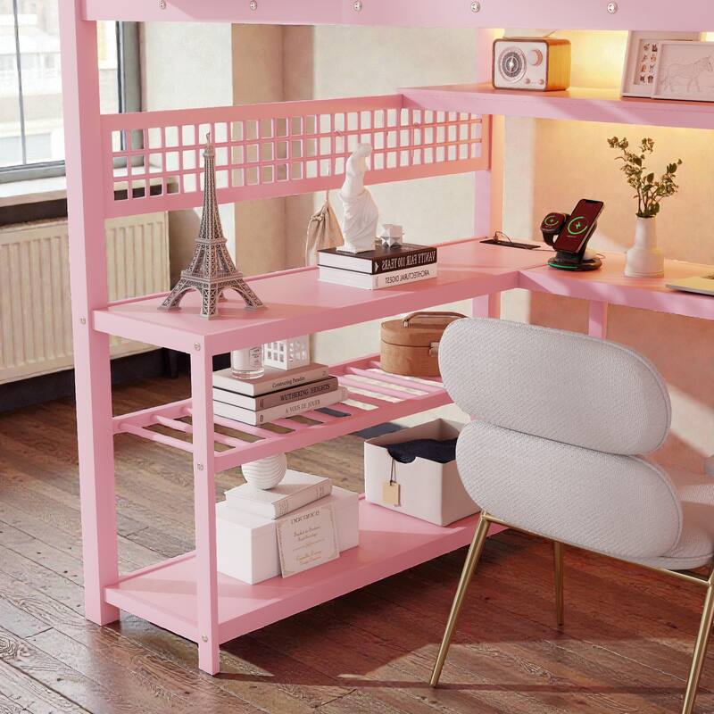 Full Size Metal Loft Bed with Staircase Storage, Wardrobe, Desk, Shelves, LED Lights and Charging Station