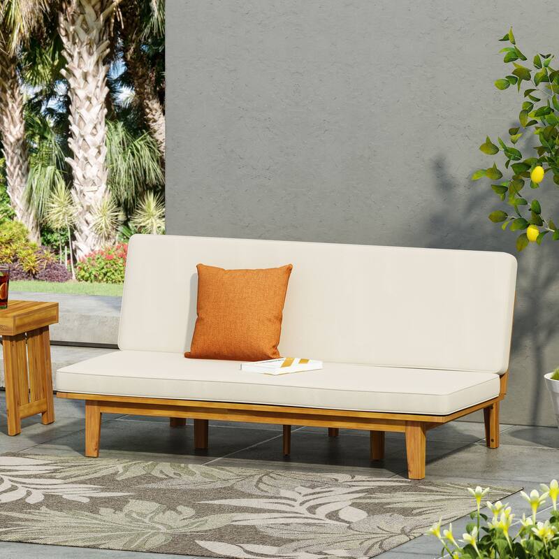 Roomfitters Adjustable Outdoor Wooden Bench with Slatted Backrest and Mid-Century Modern Design, Beige+Teak