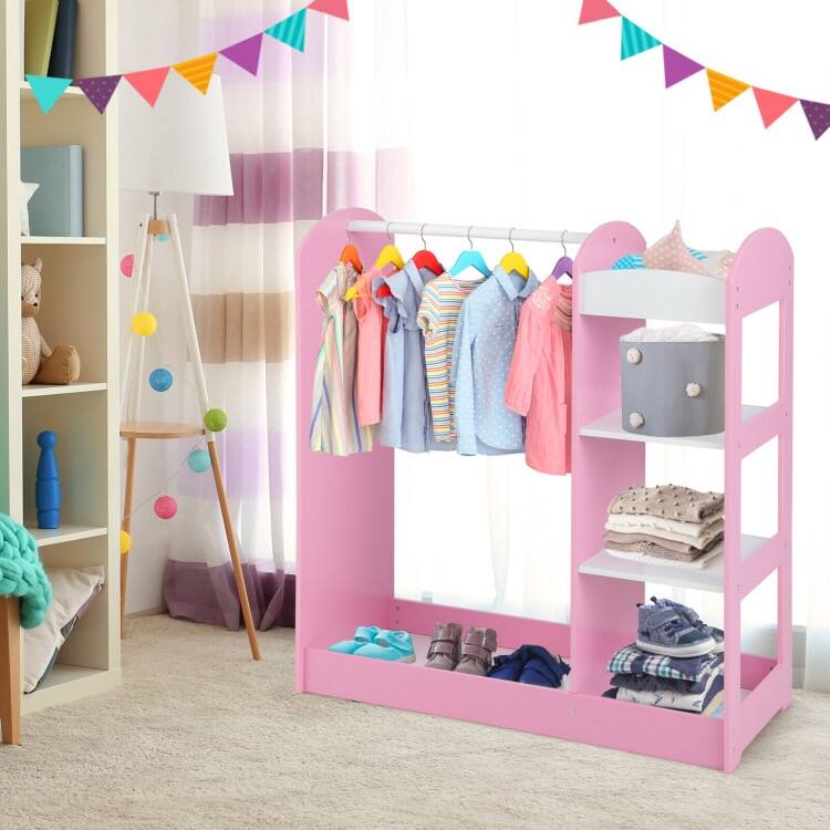 Kids Dress-Up Armoire with Mirror & Storage Wooden Costume Closet Organizer for Toddlers