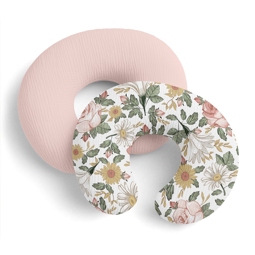 Sweet Jojo Designs Vintage Floral Boho Girl 2 Pack 100% Cotton Muslin Nursing Pillow Covers - Solid Pink, Bohemian, Shabby Chic