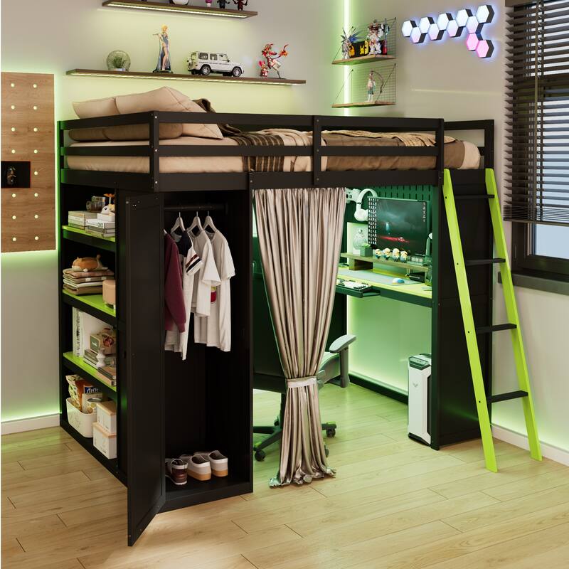 Multifunction Full Loft Bed with Workstation Desk, Wardrobe Storage and Shelves by Harper&Bright Designs