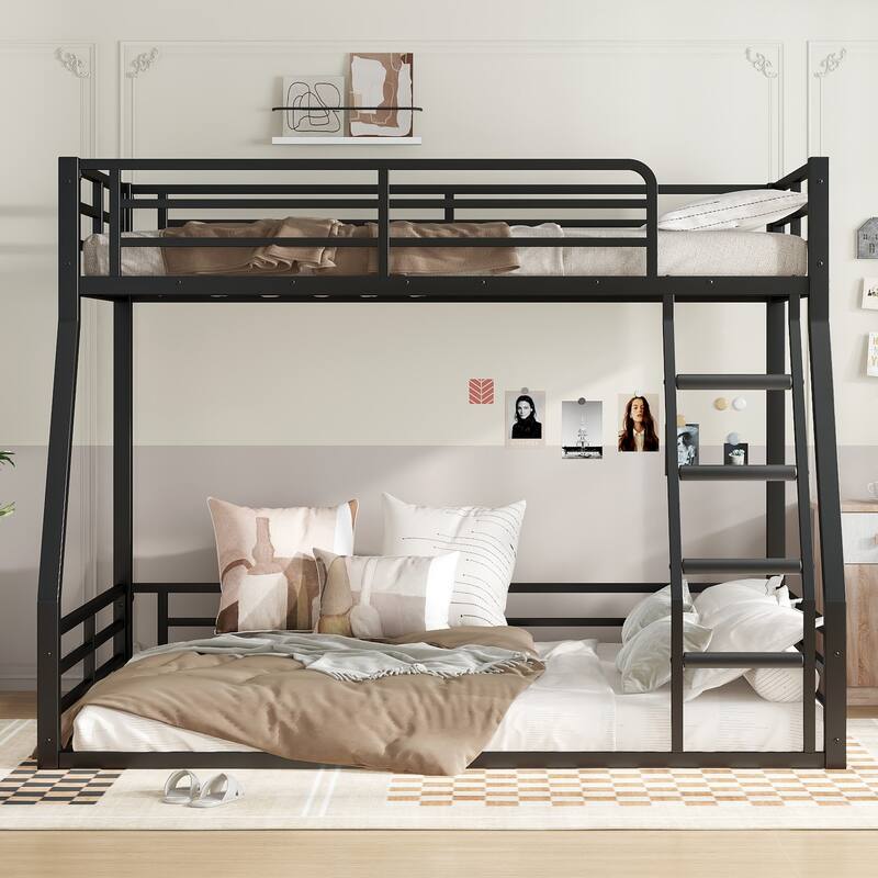 Heavy Duty Metal Bunk Bed, Low Floor Bunk Bed Frame with Full Length Guardrail, Noise Free Design - Black+Twin over Full - Full