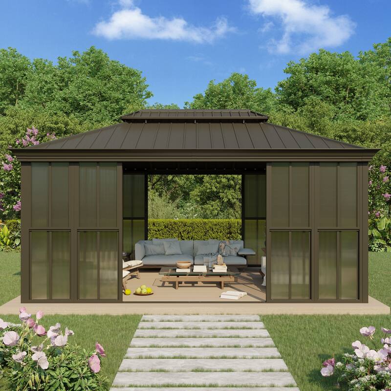 Hardtop Gazebo with Double Steel Roof, Sliding/Lockable Doors & Screens - All-Season Rustproof Aluminum Frame，Advanced Drainage