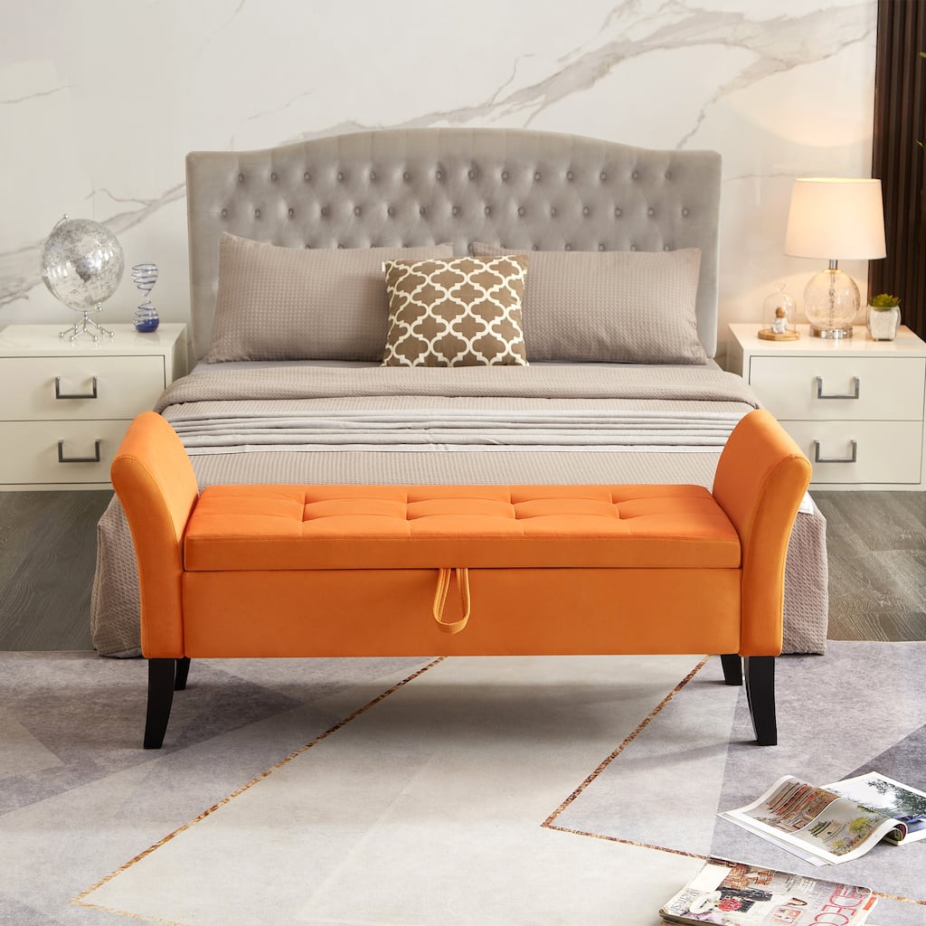 Ottoman Bench Leisure Bench with Solid Wood Legs and Armrests, Upholstered Flip End of Bed Bench with Safety Hinges