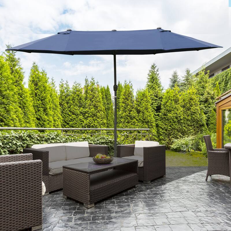Patio Umbrella Rectangular Outdoor Double Sided Parasol with Base Sun Protection Crank for Deck Pool Patio, Dark Blue - Blue