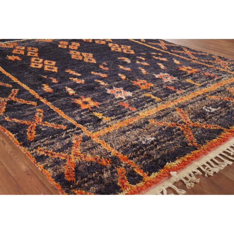 Navy Blue Plush Moroccan Area Rug Handmade Wool Carpet - 7'2" x 10'9"