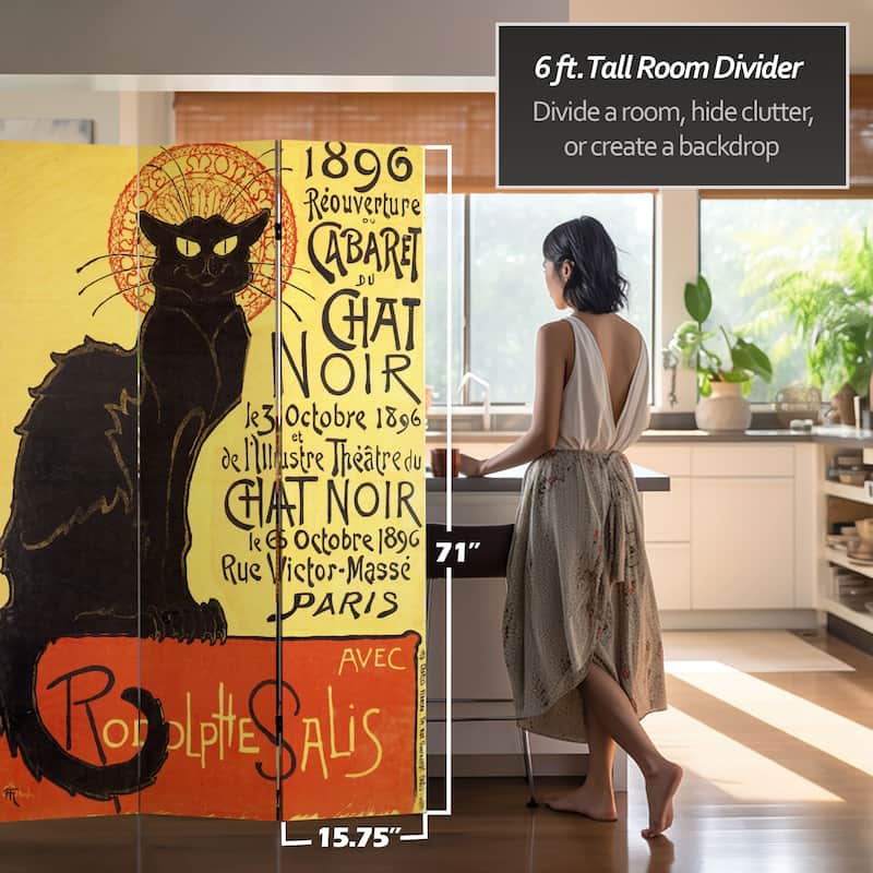 Handmade Canvas Double-sided 6-foot Chat Noir Room Divider (China)