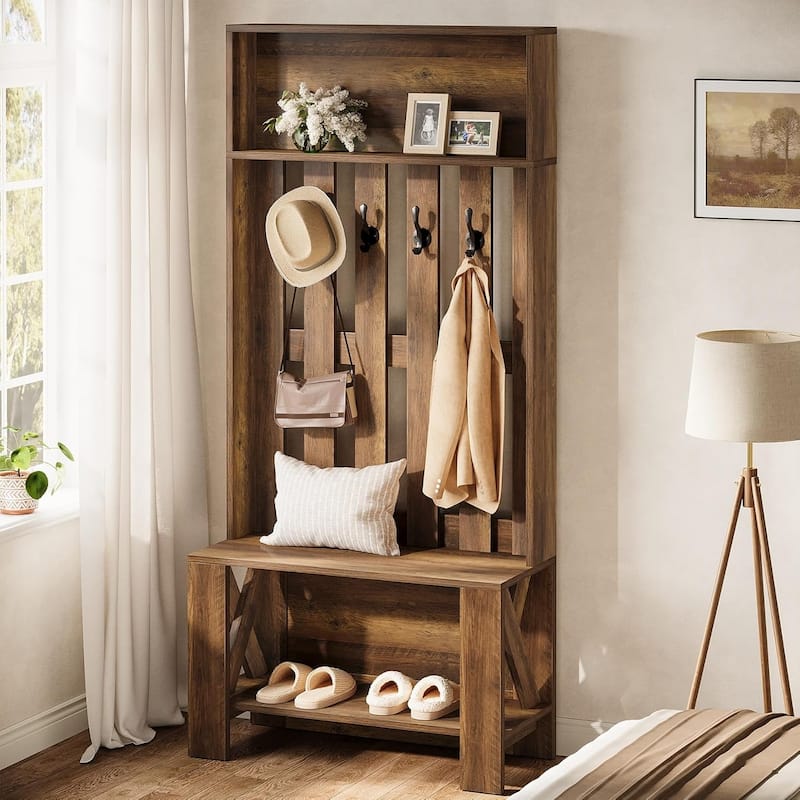 70.8" Tall Freestanding Coat Rack with Shoe Bench and Hooks, Narrow Hall Tree Organizer for Entryway, Hallway - Brown