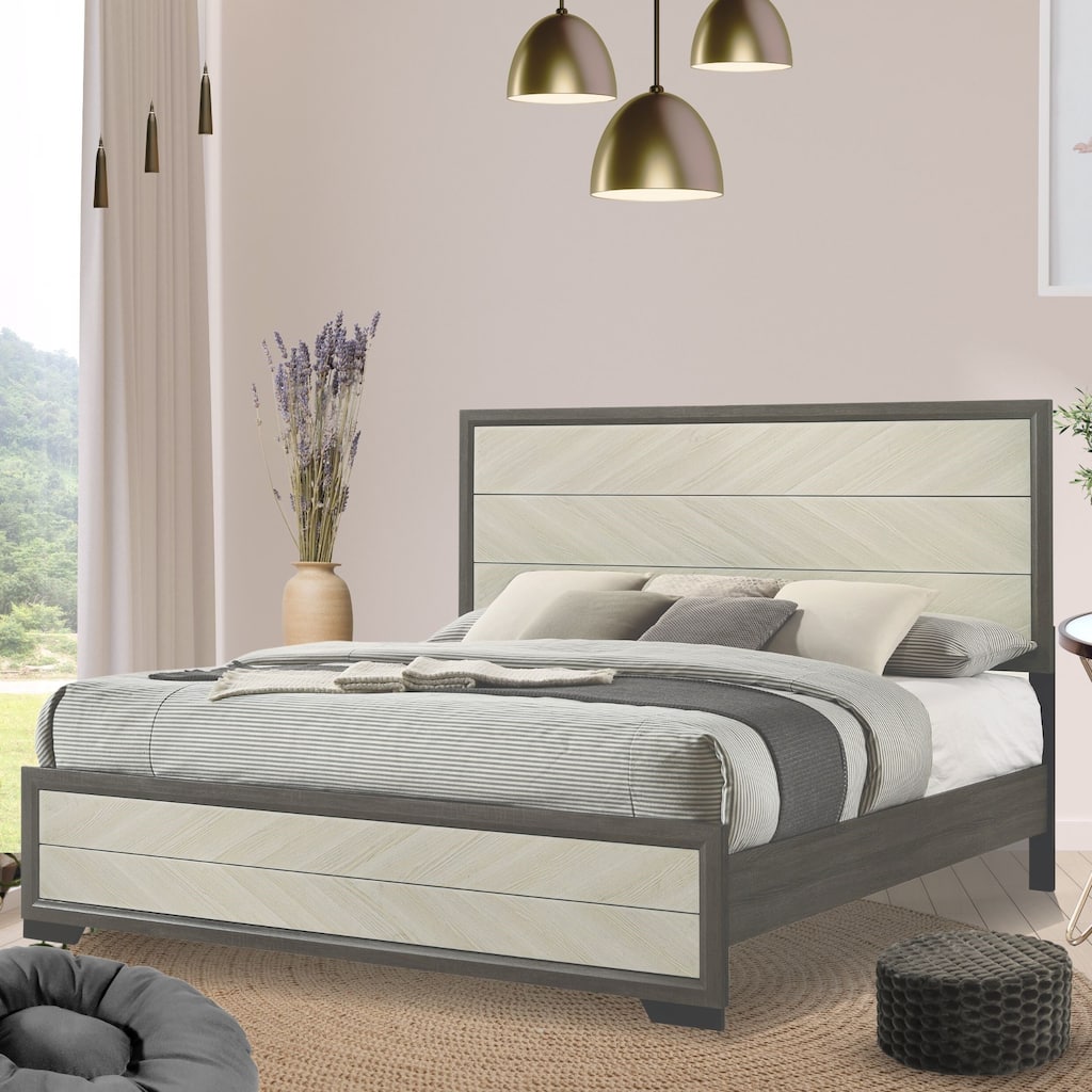 Visalia White/Grey Solid Wood Modern Platform Bed Frame