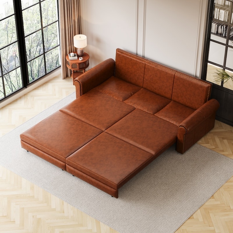 93.7" King Pull Out 3-in-1 Faux Leather Convertible Sleeper Sofa Bed with Nailhead Trim and Rolled Arm