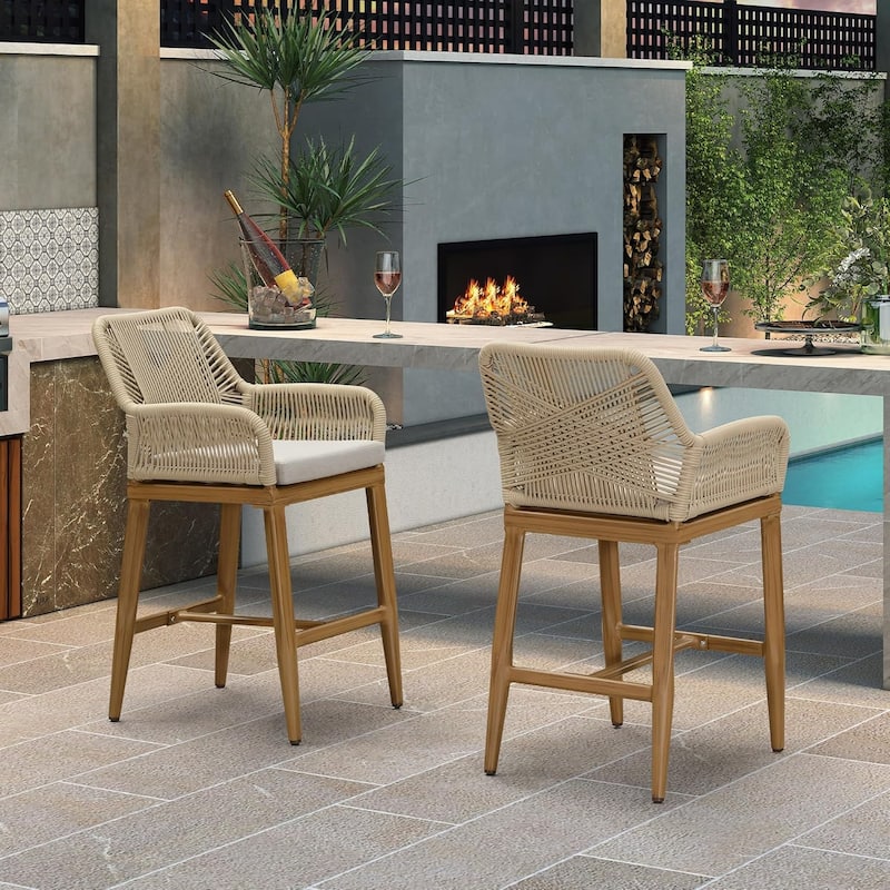 PURPLE LEAF Outdoor Bar Stools Chair Set of 2, All Weather Rattan and Aluminum Patio Bar Stool with Cushion