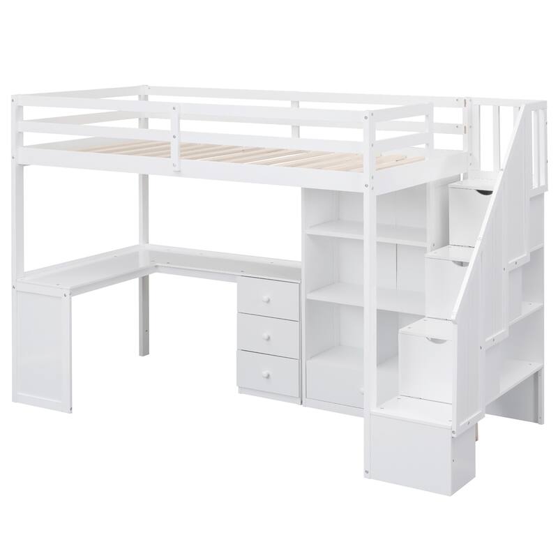 Twin Loft Bed with L-Shaped Desk, Drawers, Cabinet, and Storage Staircase, White
