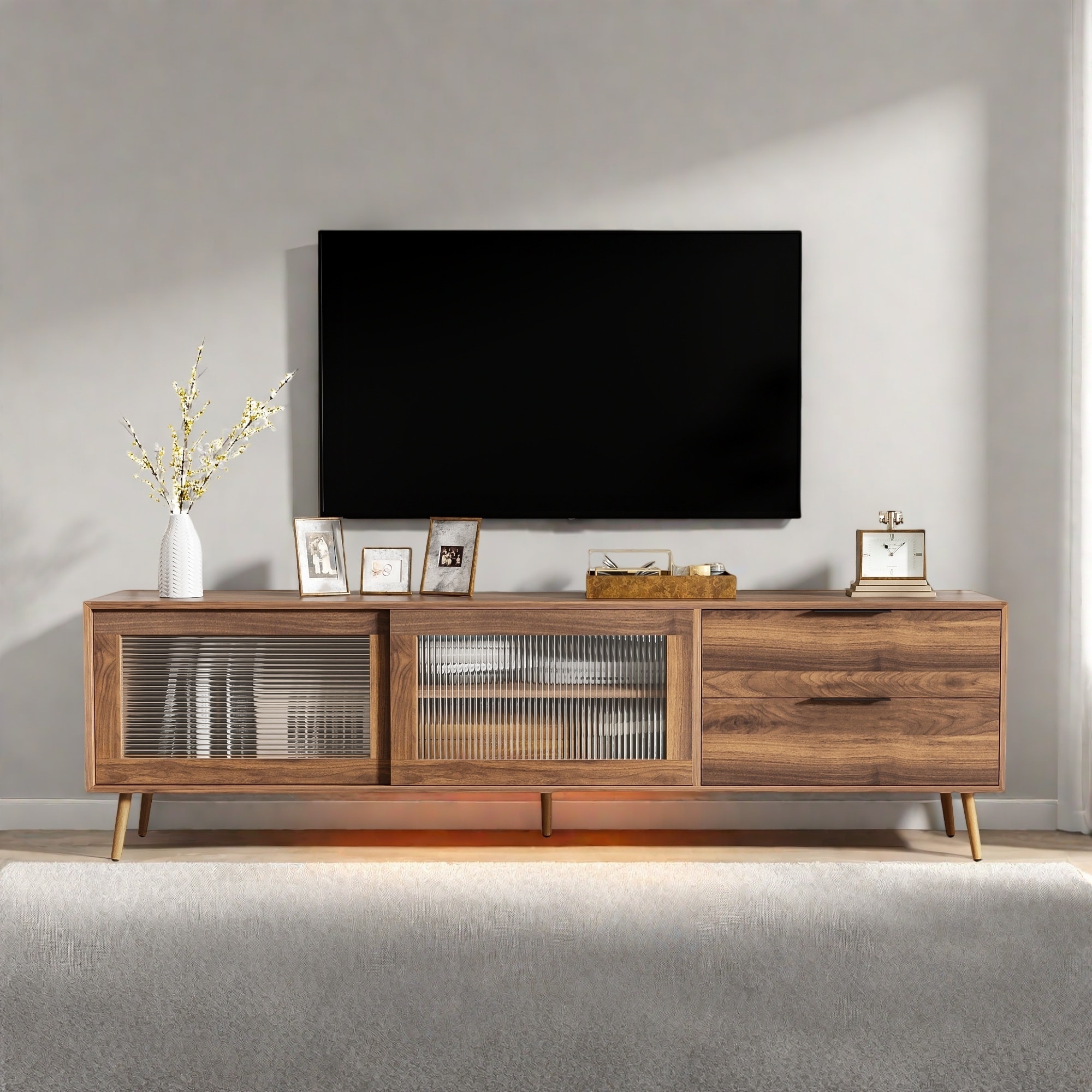 71" TV Stand - Tempered Glass Sliding Doors, 2 Drawers and Open Shelves