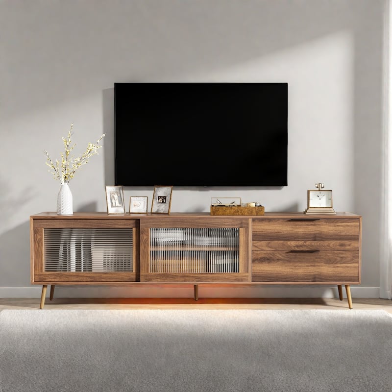 71" TV Stand - Tempered Glass Sliding Doors, 2 Drawers and Open Shelves - Walnut