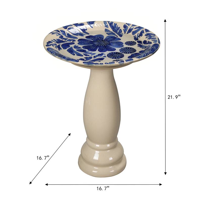 Floral Outdoor Patio Ceramic Birdbath - 21.75" - Cream and Blue