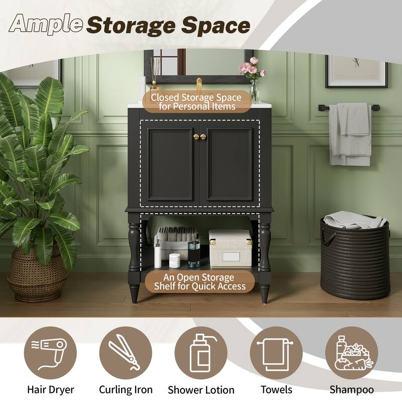 24 inch Modern Luxury Bathroom Vanity with Ceramic Sink, Bathroom Cabinet with Open Shelf and Closed Storage