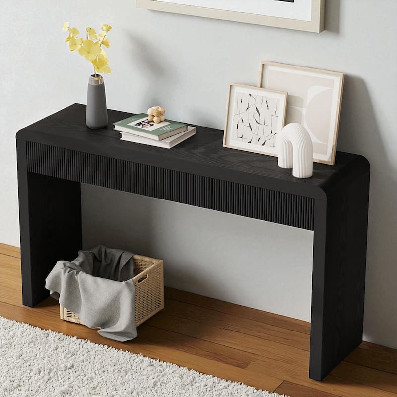Rustic 55" Console Table with 3 Fluted Drawers, Solid Wood Veneer Entryway Table for Hallway or Foyer