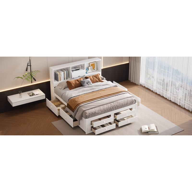 Roomfitters Queen/King Platform Bed with Storage Headboard and 8 Drawers, Solid Wood