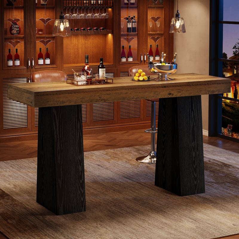 63-Inch Bar Table, Wood Counter Height Pub Table, Rectangular Home Bar for Kitchen, Dining/Living Room - Brown