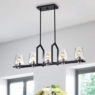 Black 5-Light Wrought Iron Linear Kitchen Island Lighting with Glass Shade