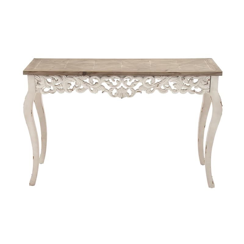 Wood Scroll Intricately Carved Console Table with Brown Wood Top - White - Roche River Decor - 15"Wx46"Lx30"H