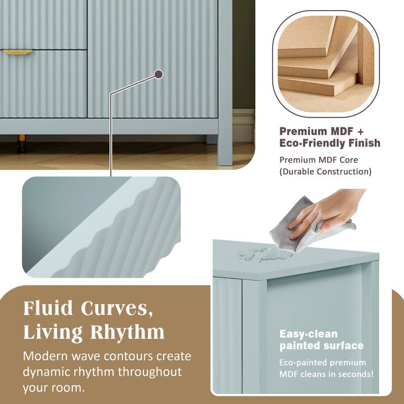 Roomfitters Sideboard Buffet Cabinet with 3 Drawers, Mid-century Modern Fluted Accent Storage for Kitchen & Dining, Cyan