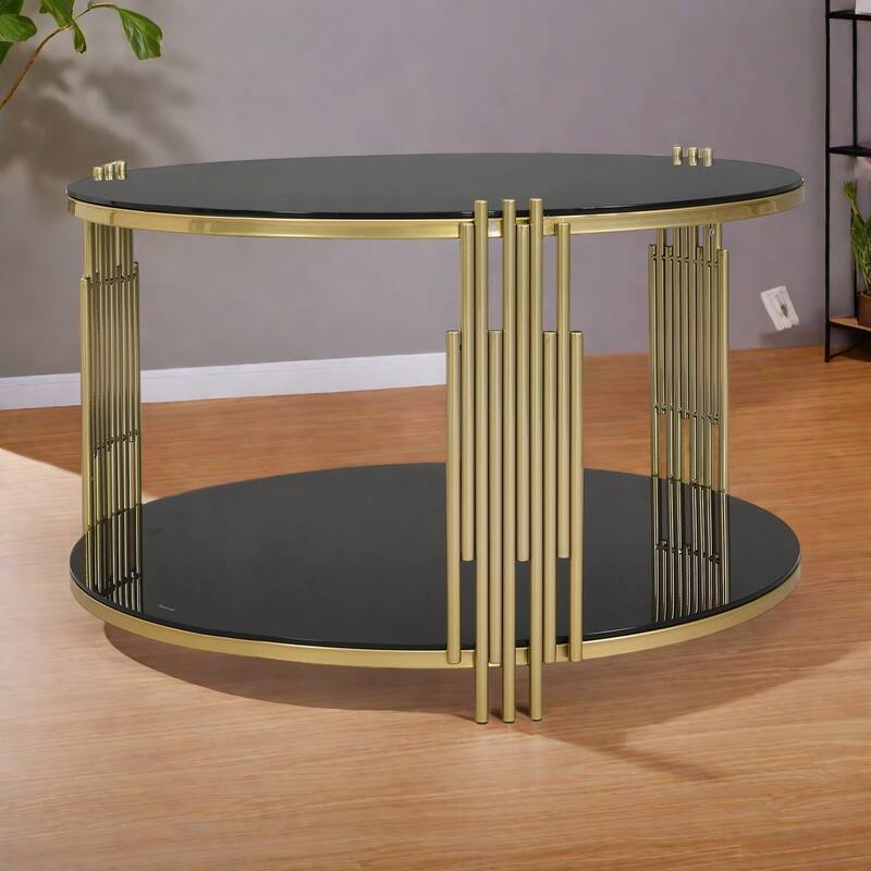 31.5" Tempered Glass Coffee Table with Asymmetrical Metal Design and Lower Shelf - Black